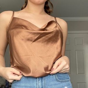 thrifted copper brown cowl neck satin top